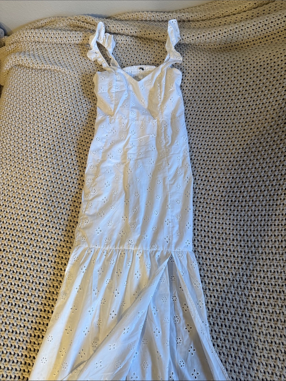 White Eyelet Maxi Dress with Ruffled Shoulder Straps